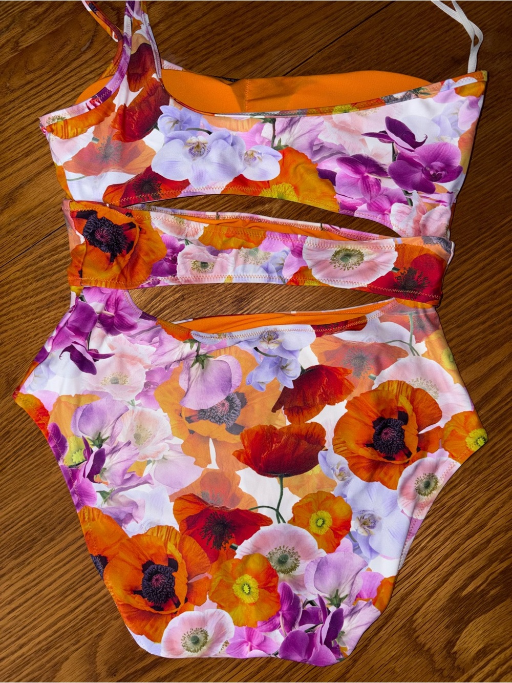 aerie Floral One-Shoulder Cutout One-Piece Swimsuit — Orange, Purple, Pink - Picture 6 of 6
